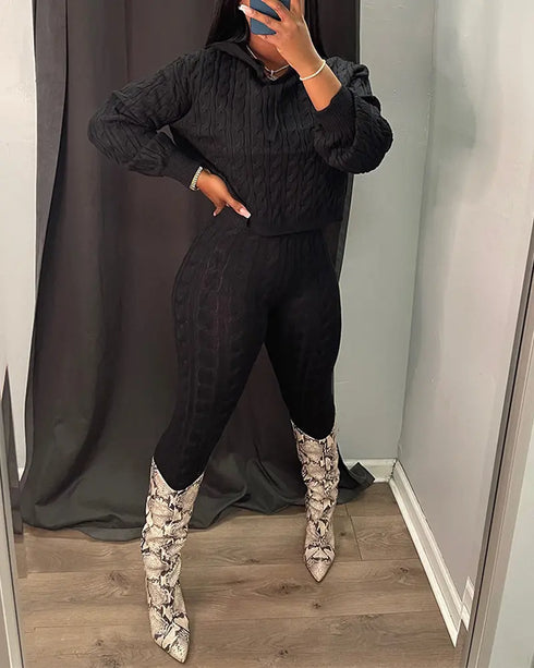 2 Pieces Outfit Long Sleeve Crop Drawstring Hoodie Top and Elastic Waist Slim Fit Pants Set Casual Cable Kint Set black