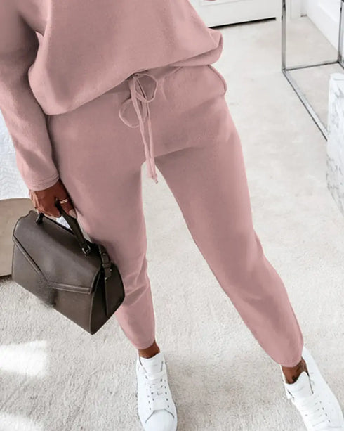 2 Pieces Outfit NOPE. not today Slogan Print Skew Neck Long Sleeve Pullover Top and Casual Drawstring Stretchy Waist Slim Fit Pants Set red bean