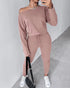 2 Pieces Outfit Long Sleeve Skew Neck Pullover Top and Drawstring Elastic Waist Slim Fit Pants Set red bean