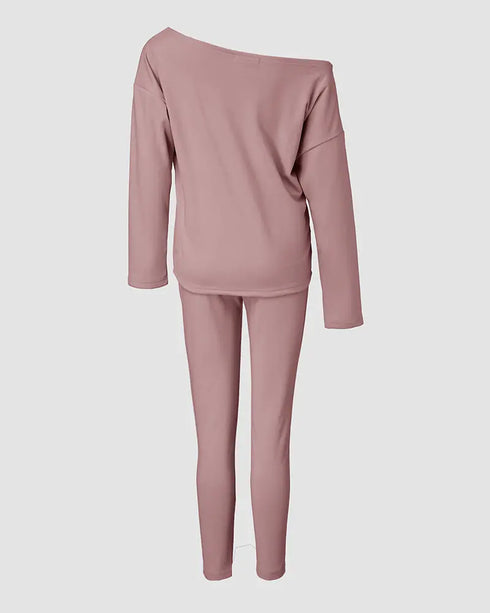 2 Pieces Outfit Long Sleeve Skew Neck Pullover Top and Drawstring Elastic Waist Slim Fit Pants Set red bean