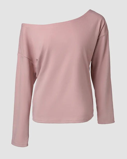 2 Pieces Outfit Long Sleeve Skew Neck Pullover Top and Drawstring Elastic Waist Slim Fit Pants Set red bean