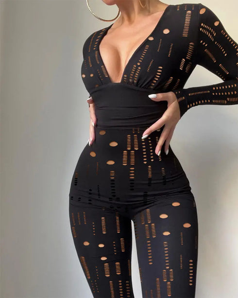 Deep V-Neck Hollow-out Zipper Back Skinny Jumpsuit black