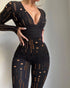 Glitter Cold Shoulder Contrast Lace Corset Jumpsuit black