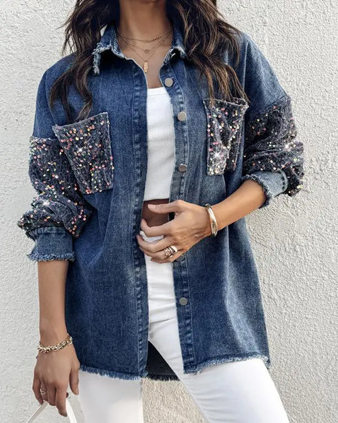 Turn-down Collar Contrast Sequin Long Sleeve Fringe Hem Denim Jacket Casual Coat Lighted Blue