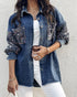 Turn-down Collar Contrast Sequin Long Sleeve Fringe Hem Denim Jacket Casual Coat Lighted Blue