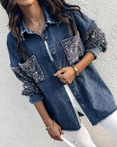 Turn-down Collar Contrast Sequin Long Sleeve Fringe Hem Denim Jacket Casual Coat Lighted Blue