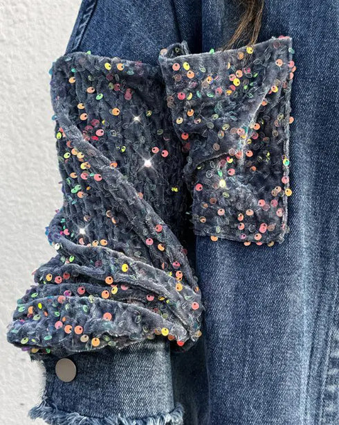 Colorful Rhinestone & Pearls Decor Turn-down Collar Long Sleeve Jacket Casual Front Button Raw Hem Denim Coat with Pockets Lighted Blue