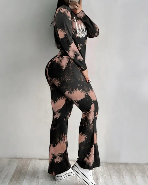 2 Pieces Outfit Tie Dye & Skeleton Hands Print Long Sleeve Top and Casual Elastic Waist Flared Pants Set black