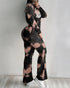 2 Pieces Outfit Tie Dye & Skeleton Hands Print Long Sleeve Top and Casual Elastic Waist Flared Pants Set black