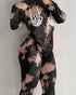 2 Pieces Outfit Tie Dye & Skeleton Hands Print Long Sleeve Top and Casual Elastic Waist Flared Pants Set black