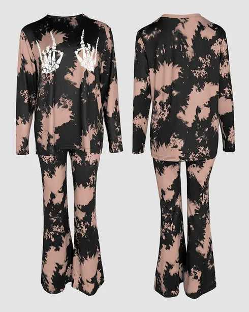 2 Pieces Outfit Tie Dye & Skeleton Hands Print Long Sleeve Top and Casual Elastic Waist Flared Pants Set black