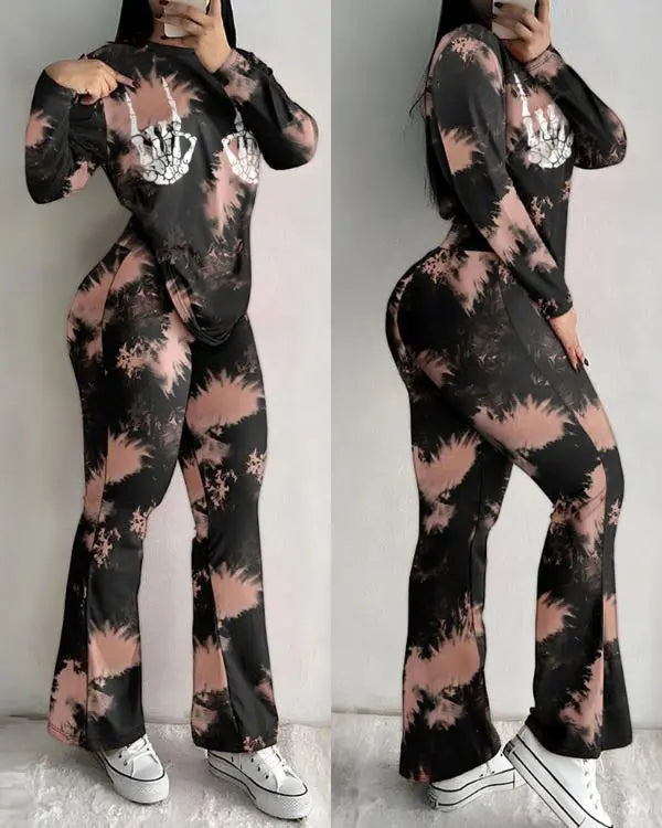 2 Pieces Outfit Tie Dye & Skeleton Hands Print Long Sleeve Top and Casual Elastic Waist Flared Pants Set black