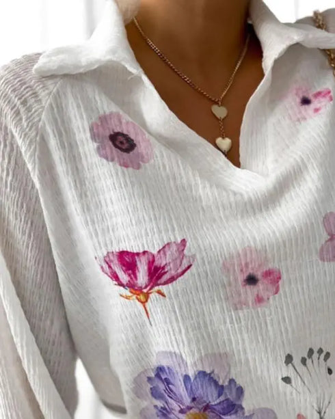 Floral Print Polo Collar Long Sleeve Blouse Casual Pullover Shirt Top white