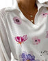 Floral Print Polo Collar Long Sleeve Blouse Casual Pullover Shirt Top white
