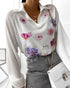 Floral Print Polo Collar Long Sleeve Blouse Casual Pullover Shirt Top white