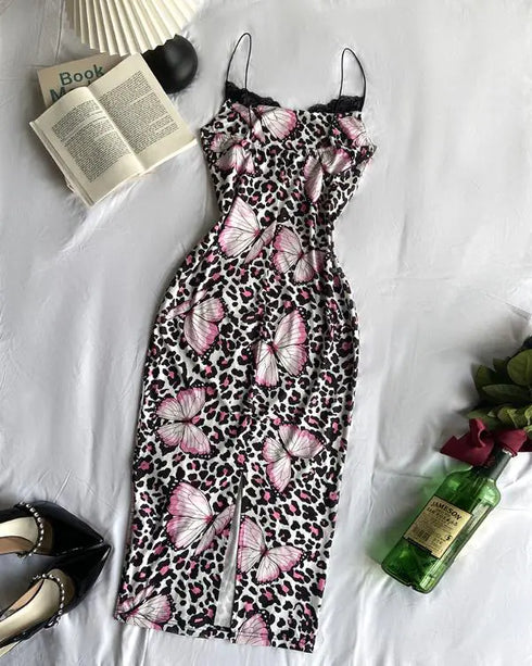 Butterfly Leopard Print Spaghetti Strap Slim Fit Lace Dress Glamorous Dress black