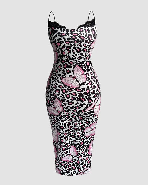 Butterfly Leopard Print Spaghetti Strap Slim Fit Lace Dress Glamorous Dress black