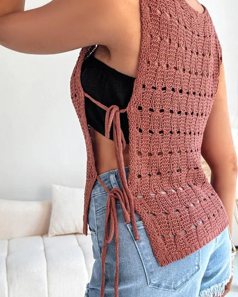 Round Neck Sleeveless Hollow-out Crochet Sweater Casual Tie Side Breathable Crop Top brown