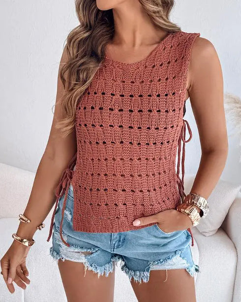 Round Neck Sleeveless Hollow-out Crochet Sweater Casual Tie Side Breathable Crop Top brown