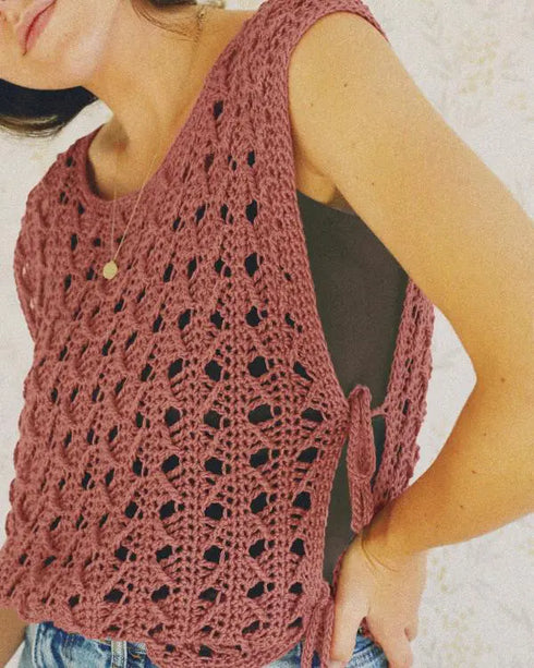 Round Neck Sleeveless Hollow-out Crochet Sweater Casual Tie Side Breathable Crop Top brown
