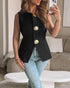 Round Neck Sleeveless Shell Button Front Vest Casual Slit Hem Top black