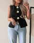 Round Neck Sleeveless Shell Button Front Vest Casual Slit Hem Top black