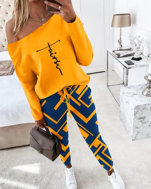 2 Pieces Outfit Long Sleeve Skew Neck Pullover Top and Drawstring Elastic Waist Slim Fit Pants Set orange