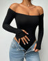 Off Shoulder Long Sleeve Slim Fit Versatile Bodysuit with Thumb Hole Cuffs black