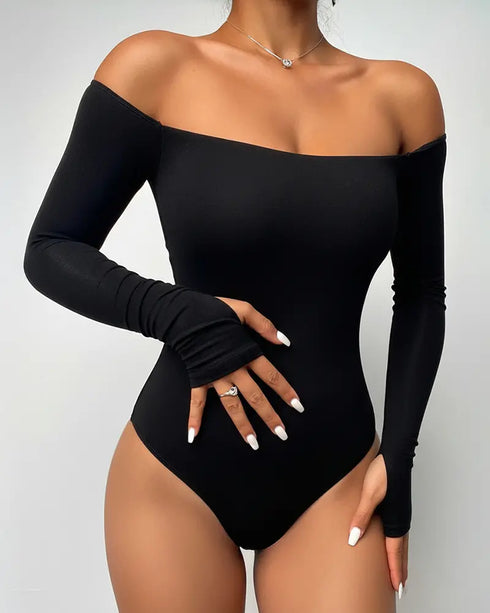 Off Shoulder Long Sleeve Slim Fit Versatile Bodysuit with Thumb Hole Cuffs black