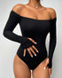 Off Shoulder Long Sleeve Slim Fit Versatile Bodysuit with Thumb Hole Cuffs black