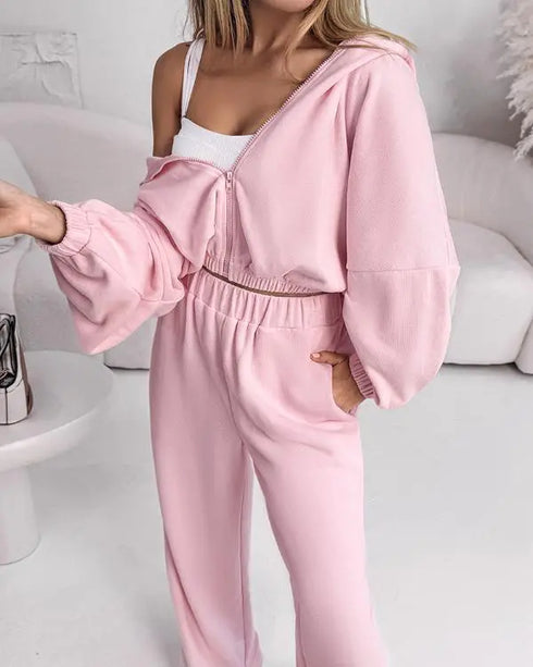 2 Pieces Outfit Drop Shoulder Zip Up Loose Hoodie Sweatshirt and Casual Elastic Waist Wide Leg Sweatpants Set light pink