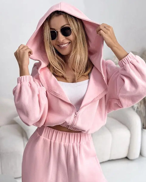 2 Pieces Outfit Drop Shoulder Zip Up Loose Hoodie Sweatshirt and Casual Elastic Waist Wide Leg Sweatpants Set light pink