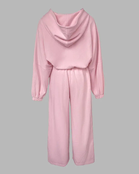 2 Pieces Outfit Drop Shoulder Zip Up Loose Hoodie Sweatshirt and Casual Elastic Waist Wide Leg Sweatpants Set light pink