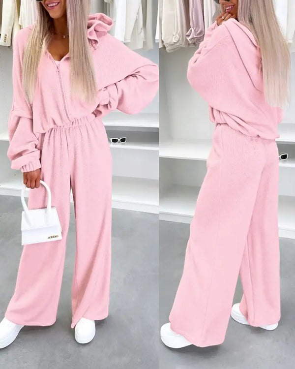 2 Pieces Outfit Drop Shoulder Zip Up Loose Hoodie Sweatshirt and Casual Elastic Waist Wide Leg Sweatpants Set light pink