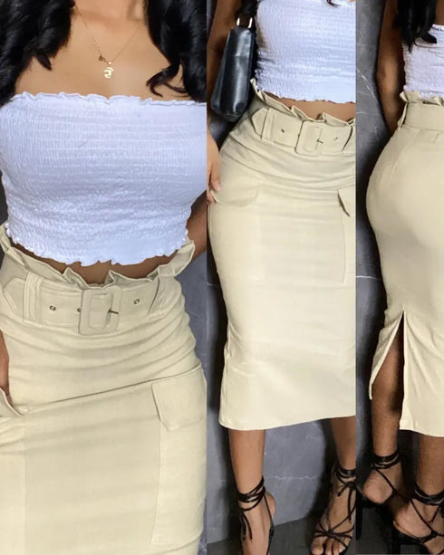 Ruffle Trim High Waist Slit Back Cargo Skirt Casual Flap Pockets Design Zipper Back Skirt Apricot
