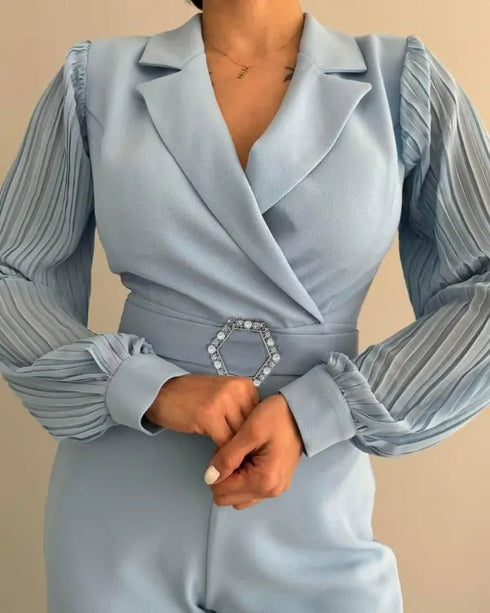 Lapel Ruched Long Sleeve Wide Leg Jumpsuit Casual One Piece Outfits with Belt blue