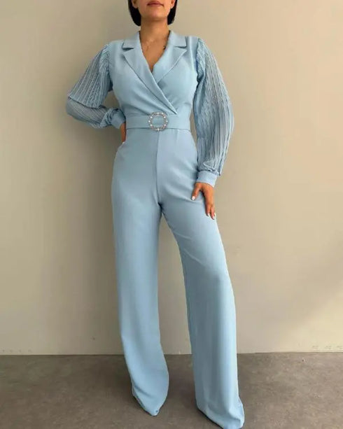 Lapel Ruched Long Sleeve Wide Leg Jumpsuit Casual One Piece Outfits with Belt blue