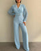 Lapel Ruched Long Sleeve Wide Leg Jumpsuit Casual One Piece Outfits with Belt blue