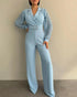 Lapel Ruched Long Sleeve Wide Leg Jumpsuit Casual One Piece Outfits with Belt blue