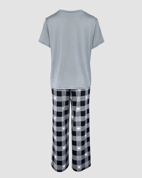 2 Pieces Outfit Cute Letter Print Short Sleeve T-shirt and Plaid Pants Set Loungewear gray