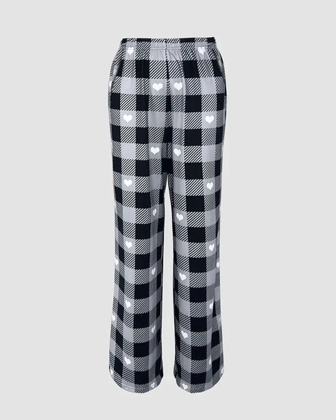 2 Pieces Outfit Floral Print Short Sleeve Top and Casual Plaid Heart Pattren Lounge Pants Set gray