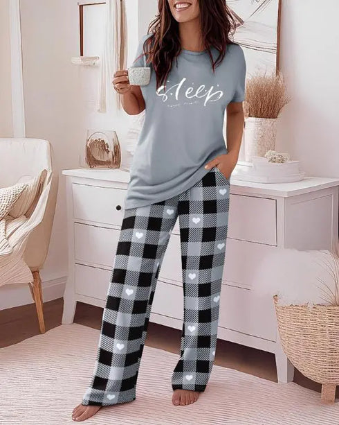 2 Pieces Outfit Floral Print Short Sleeve Top and Casual Plaid Heart Pattren Lounge Pants Set gray