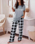 2 Pieces Outfit Cute Letter Print Short Sleeve T-shirt and Plaid Pants Set Loungewear gray