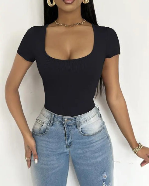 U-Neck Short Sleeve Ribbed Bodysuit black