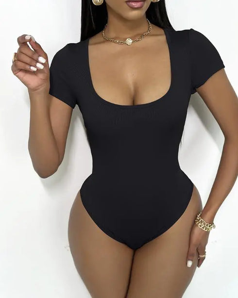 U-Neck Short Sleeve Ribbed Bodysuit black