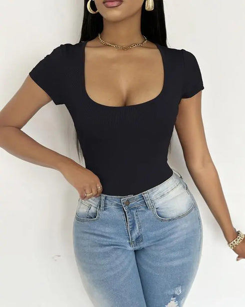 U-Neck Short Sleeve Ribbed Bodysuit black