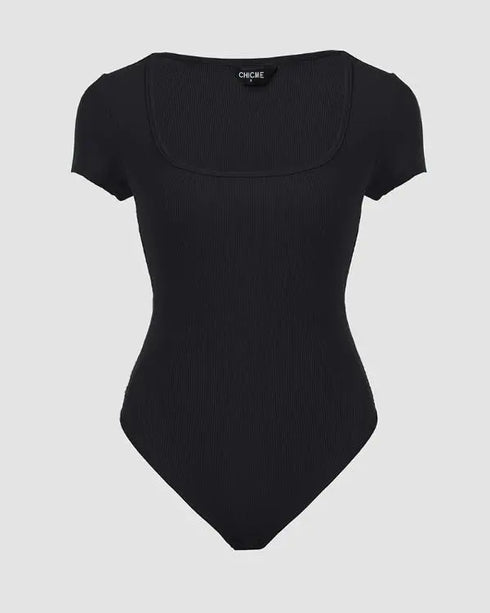 U-Neck Short Sleeve Ribbed Bodysuit black