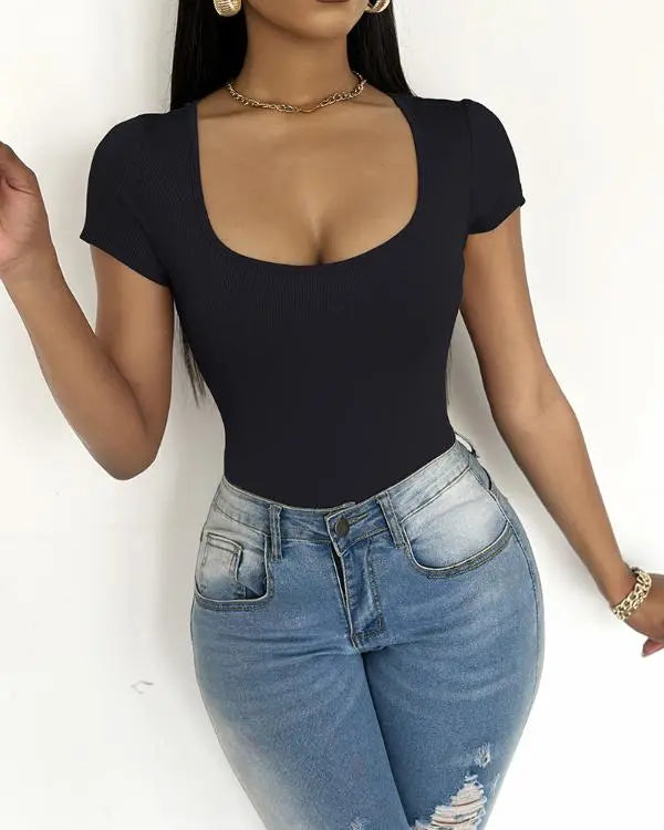 U-Neck Short Sleeve Ribbed Bodysuit black