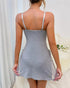 Ribbed V-Neck Spaghetti Strap Contrast Lace Bowknot Decor Mini Sleepdress Slit Nightgown gray