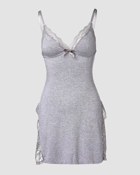 Lace Trim Adjustable straps Side Slit Bowknot Decor Modal Cami Sleep Dress gray
